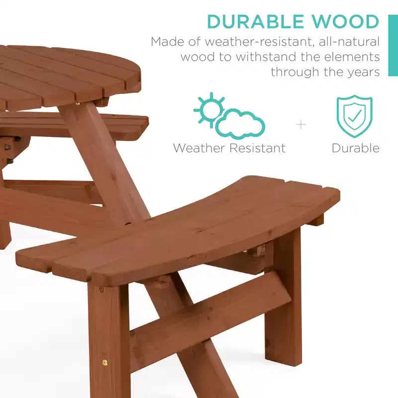 Tavolo da picnic circolare da esterno in legno a 6 posti Best Choice Products con 3 panche integrate, foro per ombrellone
