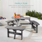 Tavolo da picnic circolare da esterno in legno a 6 posti Best Choice Products con 3 panche integrate, foro per ombrellone