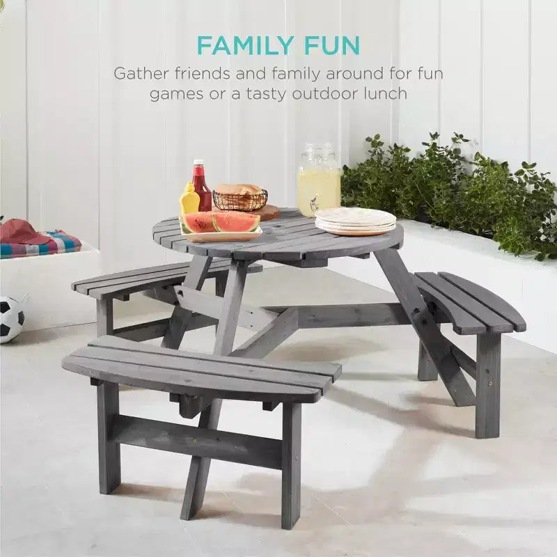 Tavolo da picnic circolare da esterno in legno a 6 posti Best Choice Products con 3 panche integrate, foro per ombrellone