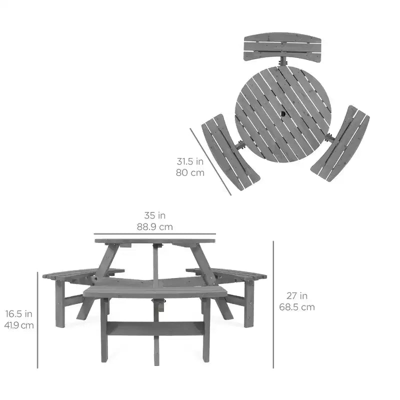 Tavolo da picnic circolare da esterno in legno a 6 posti Best Choice Products con 3 panche integrate, foro per ombrellone