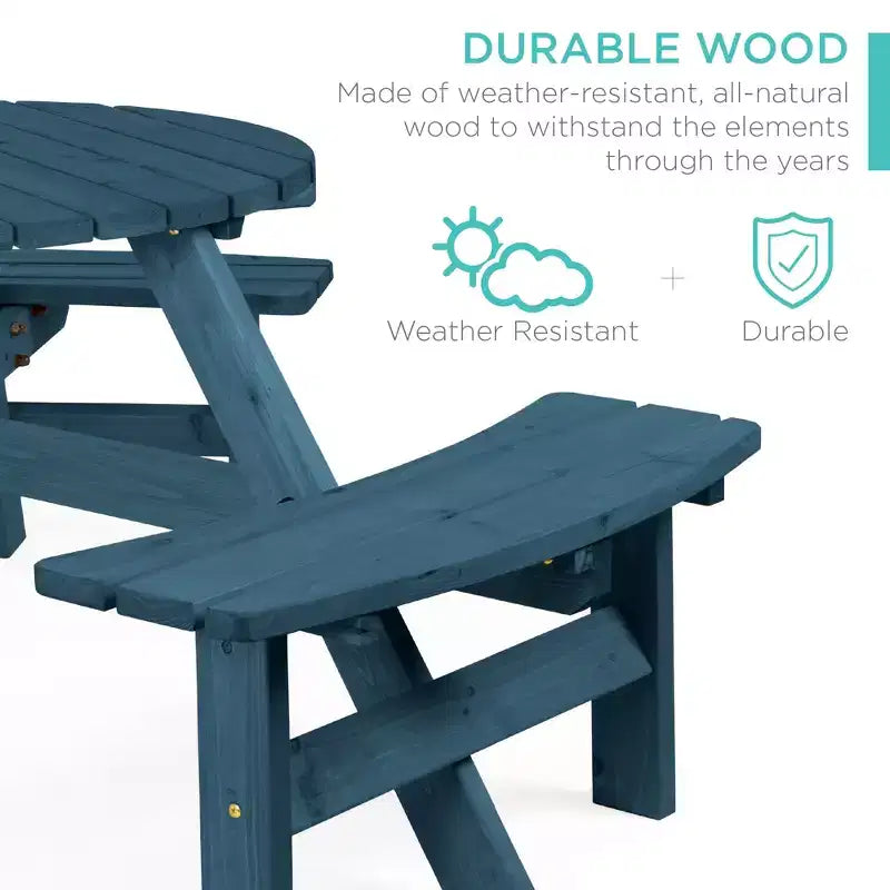 Tavolo da picnic circolare da esterno in legno a 6 posti Best Choice Products con 3 panche integrate, foro per ombrellone