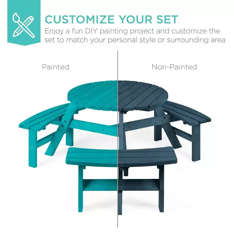 Tavolo da picnic circolare da esterno in legno a 6 posti Best Choice Products con 3 panche integrate, foro per ombrellone
