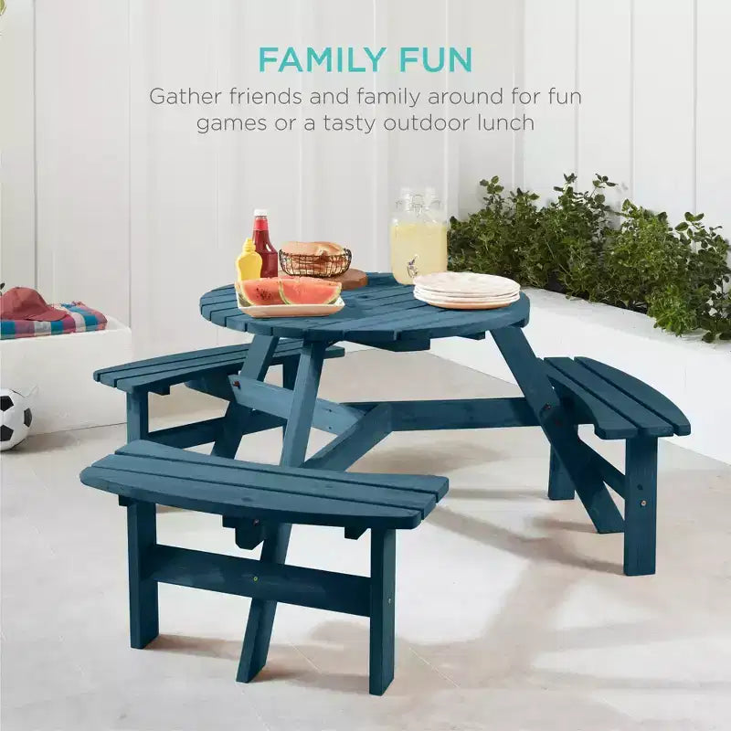 Tavolo da picnic circolare da esterno in legno a 6 posti Best Choice Products con 3 panche integrate, foro per ombrellone