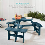 Tavolo da picnic circolare da esterno in legno a 6 posti Best Choice Products con 3 panche integrate, foro per ombrellone
