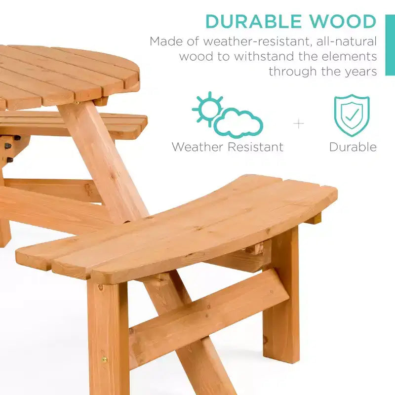 Tavolo da picnic circolare da esterno in legno a 6 posti Best Choice Products con 3 panche integrate, foro per ombrellone
