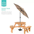 Tavolo da picnic circolare da esterno in legno a 6 posti Best Choice Products con 3 panche integrate, foro per ombrellone