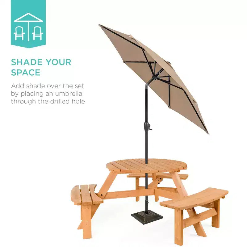 Tavolo da picnic circolare da esterno in legno a 6 posti Best Choice Products con 3 panche integrate, foro per ombrellone