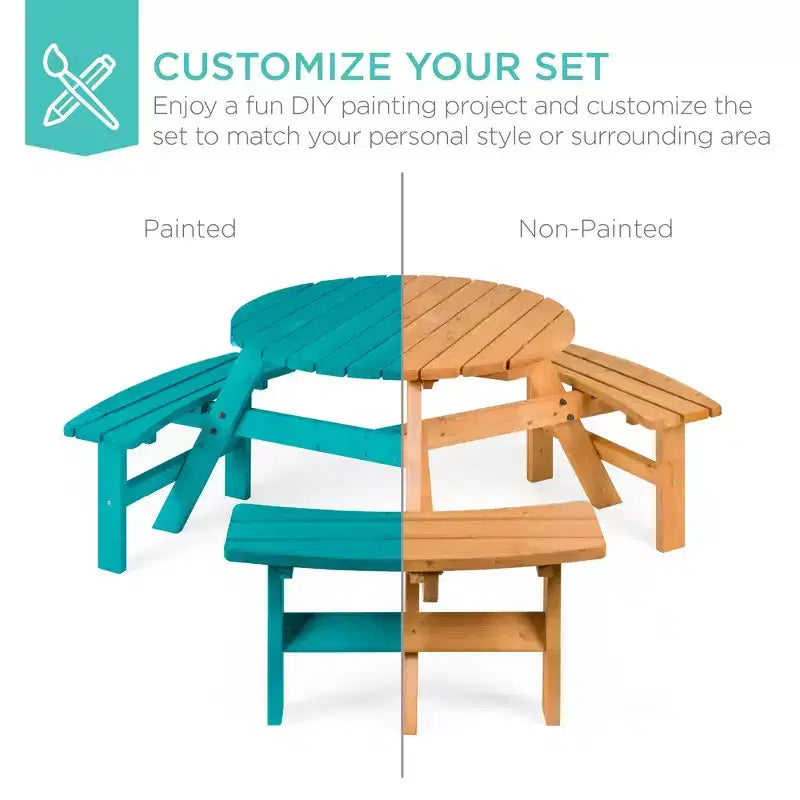 Tavolo da picnic circolare da esterno in legno a 6 posti Best Choice Products con 3 panche integrate, foro per ombrellone