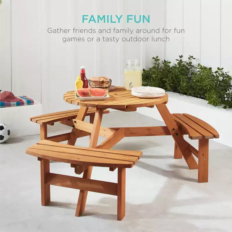 Tavolo da picnic circolare da esterno in legno a 6 posti Best Choice Products con 3 panche integrate, foro per ombrellone