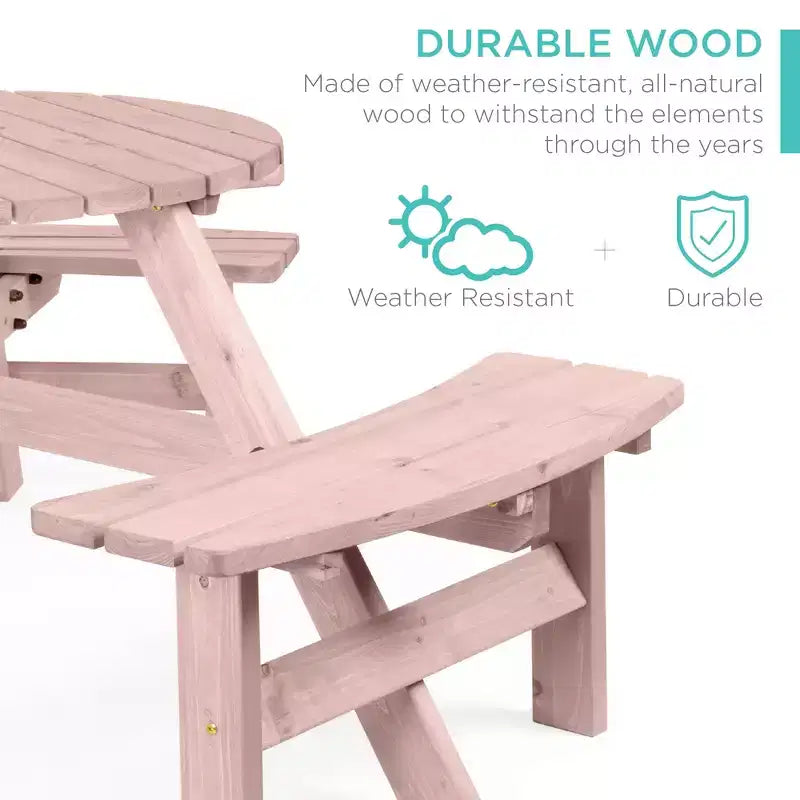 Tavolo da picnic circolare da esterno in legno a 6 posti Best Choice Products con 3 panche integrate, foro per ombrellone