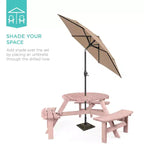 Tavolo da picnic circolare da esterno in legno a 6 posti Best Choice Products con 3 panche integrate, foro per ombrellone