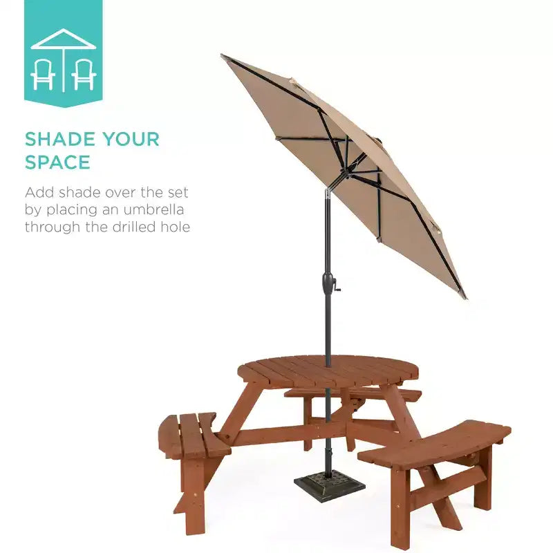 Tavolo da picnic circolare da esterno in legno a 6 posti Best Choice Products con 3 panche integrate, foro per ombrellone