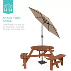 Tavolo da picnic circolare da esterno in legno a 6 posti Best Choice Products con 3 panche integrate, foro per ombrellone