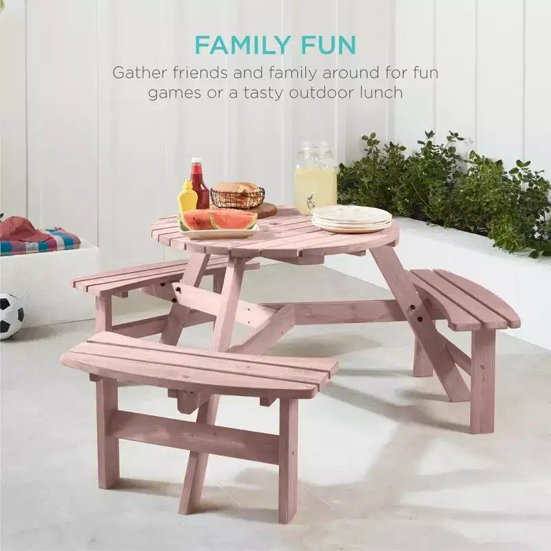 Tavolo da picnic circolare da esterno in legno a 6 posti Best Choice Products con 3 panche integrate, foro per ombrellone
