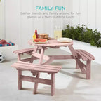 Tavolo da picnic circolare da esterno in legno a 6 posti Best Choice Products con 3 panche integrate, foro per ombrellone