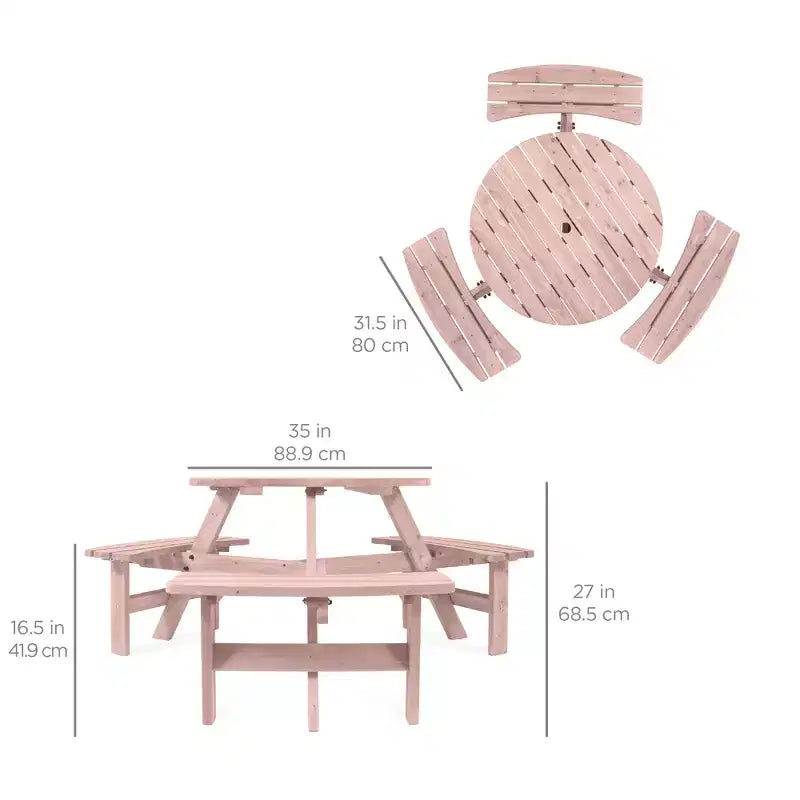 Tavolo da picnic circolare da esterno in legno a 6 posti Best Choice Products con 3 panche integrate, foro per ombrellone
