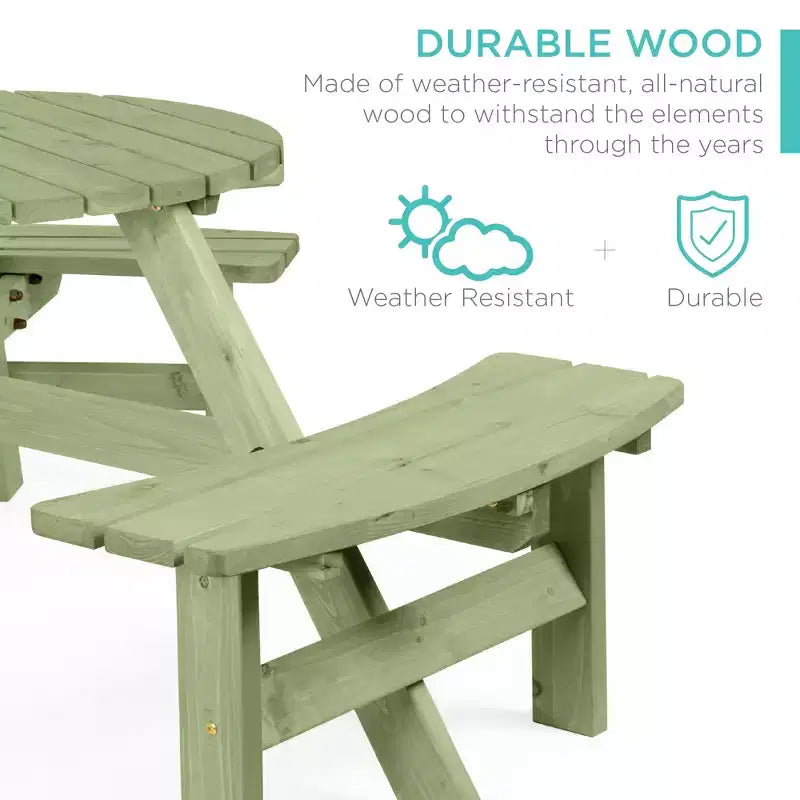 Tavolo da picnic circolare da esterno in legno a 6 posti Best Choice Products con 3 panche integrate, foro per ombrellone