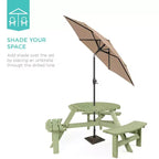 Tavolo da picnic circolare da esterno in legno a 6 posti Best Choice Products con 3 panche integrate, foro per ombrellone