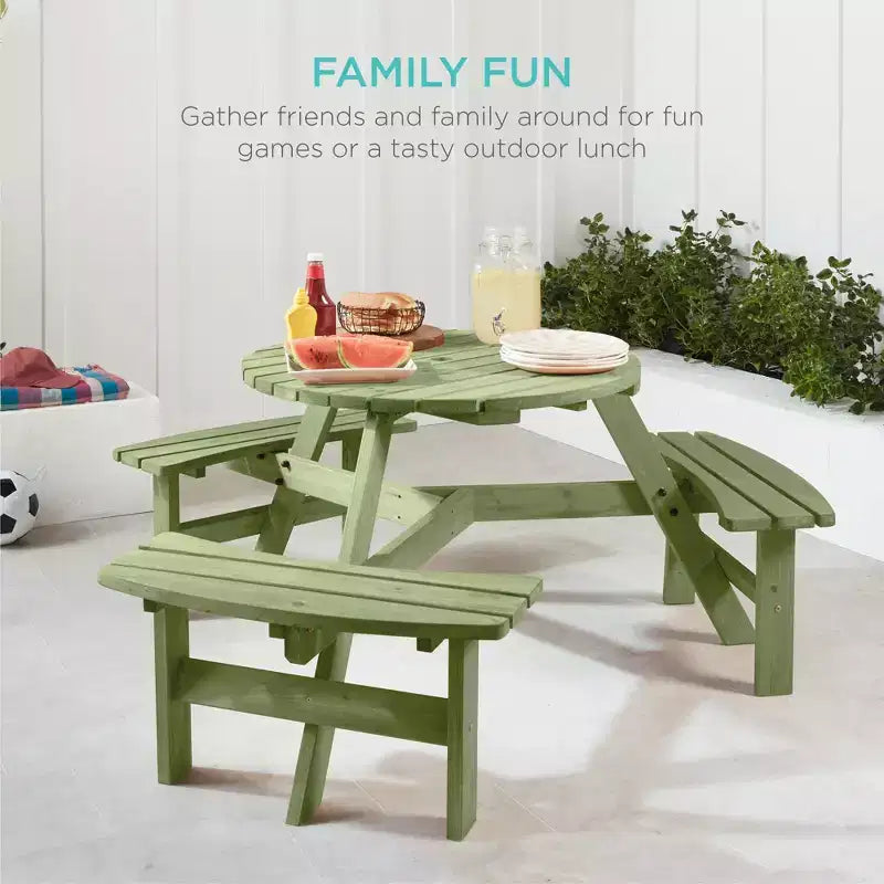 Tavolo da picnic circolare da esterno in legno a 6 posti Best Choice Products con 3 panche integrate, foro per ombrellone
