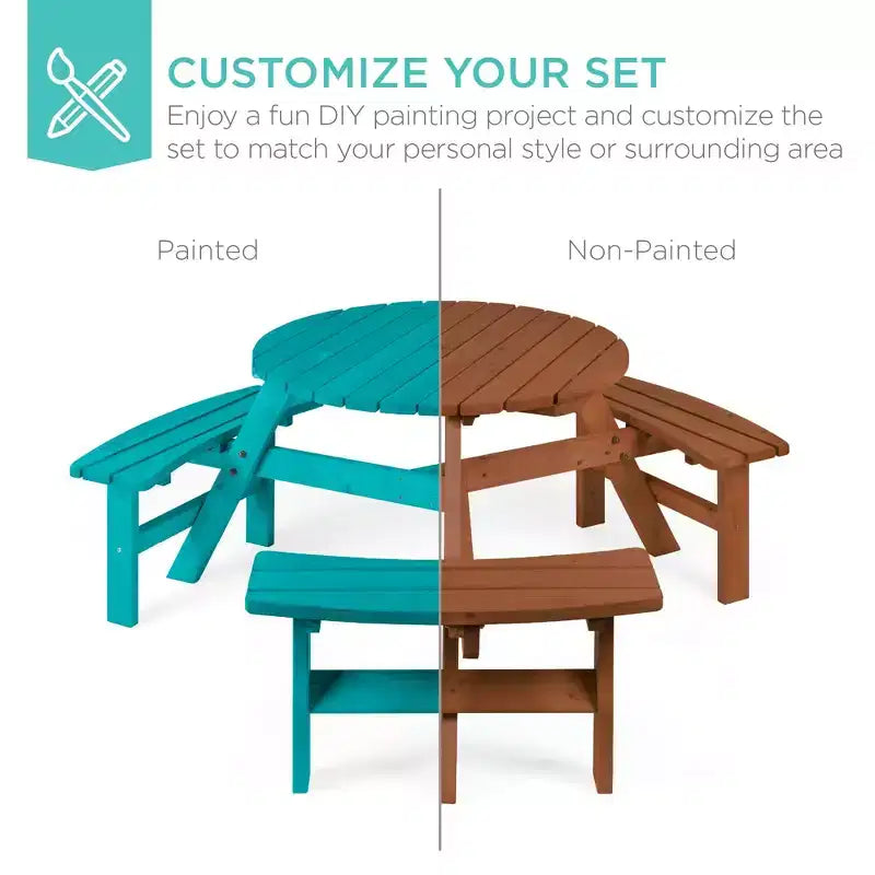 Tavolo da picnic circolare da esterno in legno a 6 posti Best Choice Products con 3 panche integrate, foro per ombrellone
