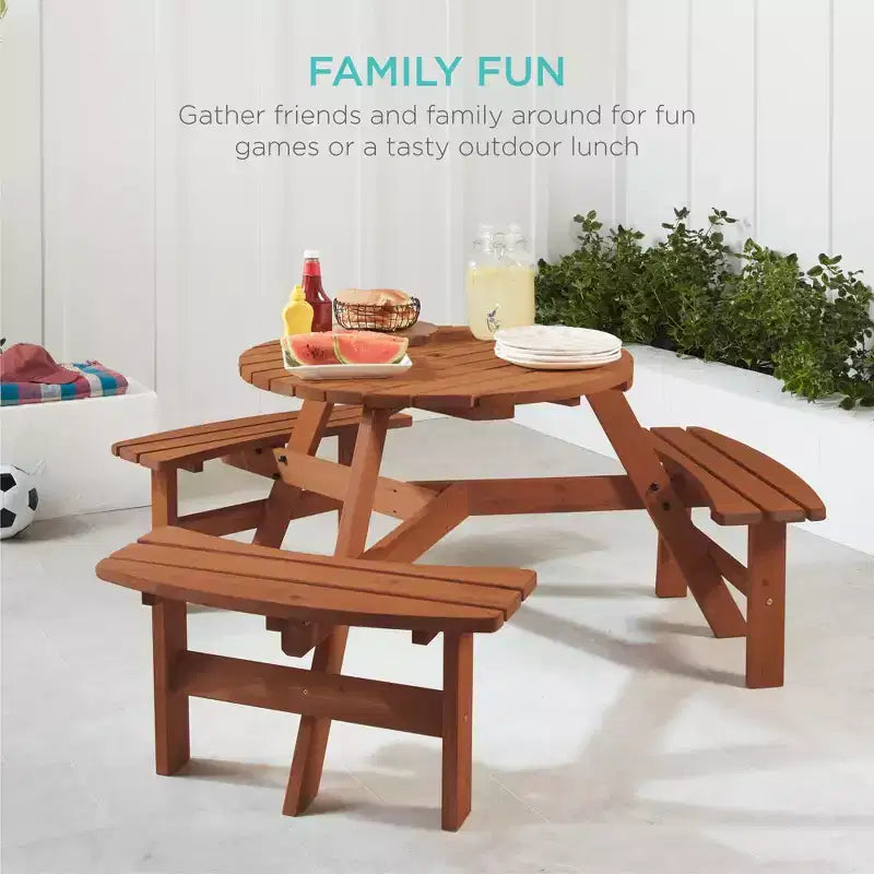 Tavolo da picnic circolare da esterno in legno a 6 posti Best Choice Products con 3 panche integrate, foro per ombrellone