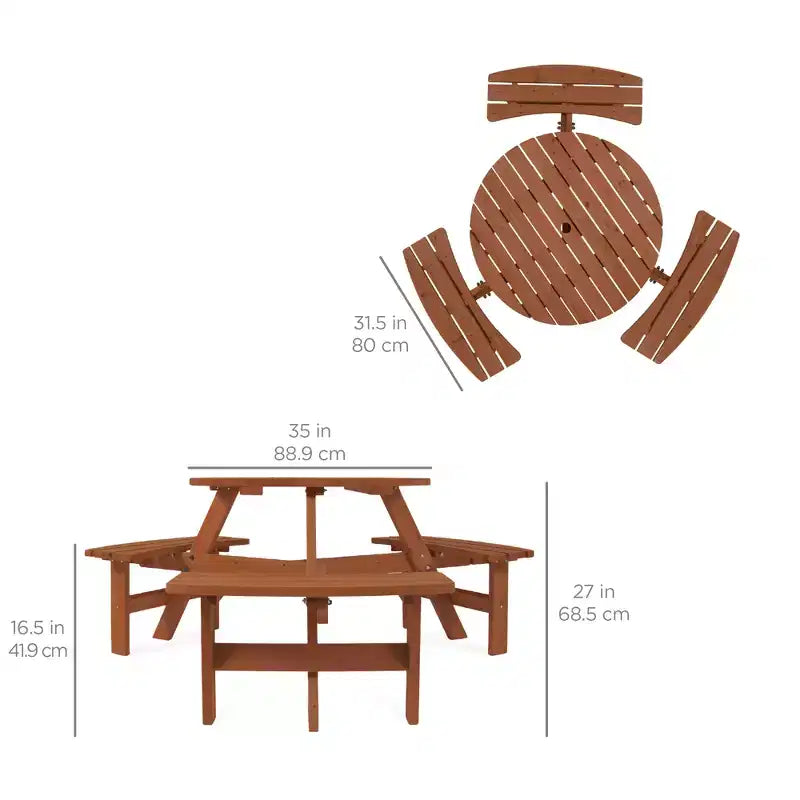 Tavolo da picnic circolare da esterno in legno a 6 posti Best Choice Products con 3 panche integrate, foro per ombrellone