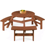 Tavolo da picnic circolare da esterno in legno a 6 posti Best Choice Products con 3 panche integrate, foro per ombrellone