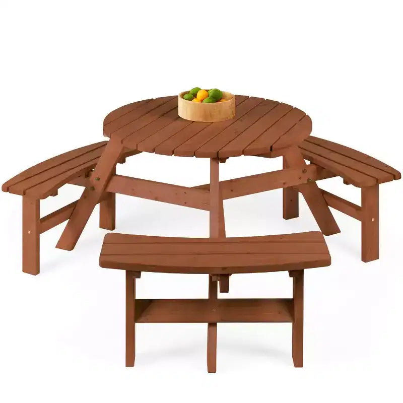 Tavolo da picnic circolare da esterno in legno a 6 posti Best Choice Products con 3 panche integrate, foro per ombrellone