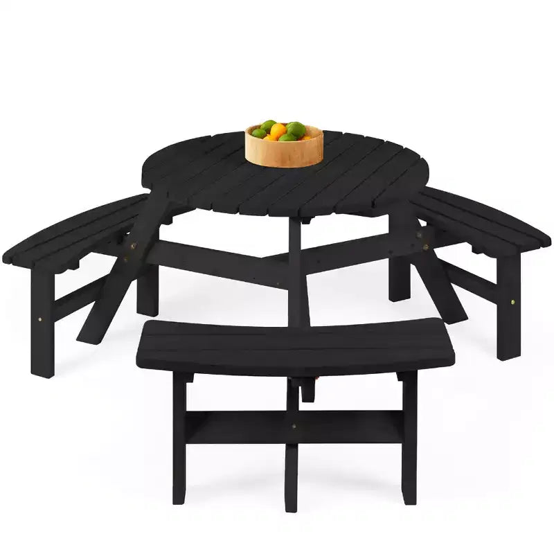 Tavolo da picnic circolare da esterno in legno a 6 posti Best Choice Products con 3 panche integrate, foro per ombrellone
