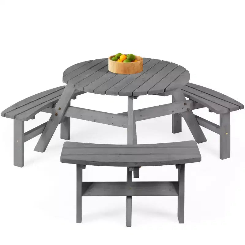 Tavolo da picnic circolare da esterno in legno a 6 posti Best Choice Products con 3 panche integrate, foro per ombrellone