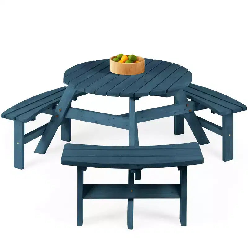 Tavolo da picnic circolare da esterno in legno a 6 posti Best Choice Products con 3 panche integrate, foro per ombrellone