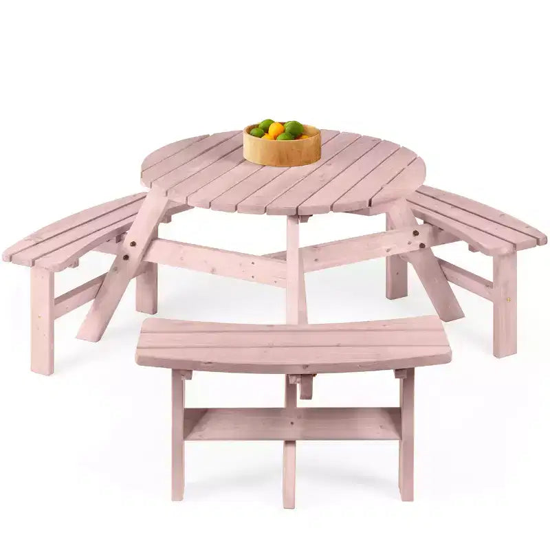 Tavolo da picnic circolare da esterno in legno a 6 posti Best Choice Products con 3 panche integrate, foro per ombrellone
