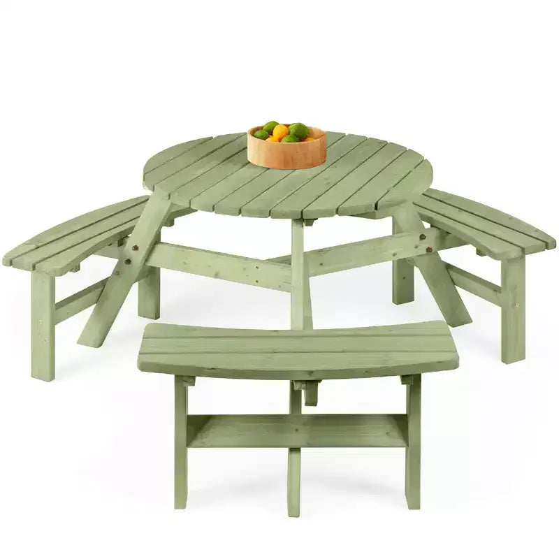 Tavolo da picnic circolare da esterno in legno a 6 posti Best Choice Products con 3 panche integrate, foro per ombrellone