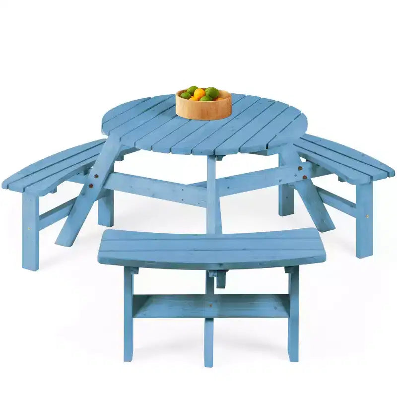 Tavolo da picnic circolare da esterno in legno a 6 posti Best Choice Products con 3 panche integrate, foro per ombrellone