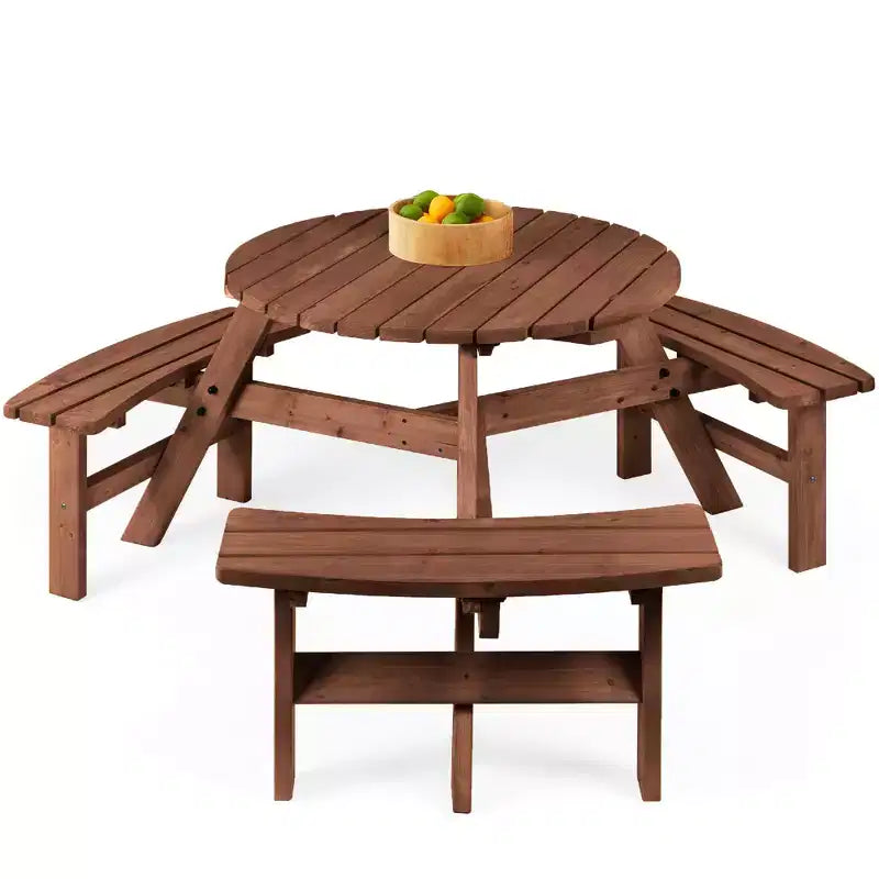 Tavolo da picnic circolare da esterno in legno a 6 posti Best Choice Products con 3 panche integrate, foro per ombrellone