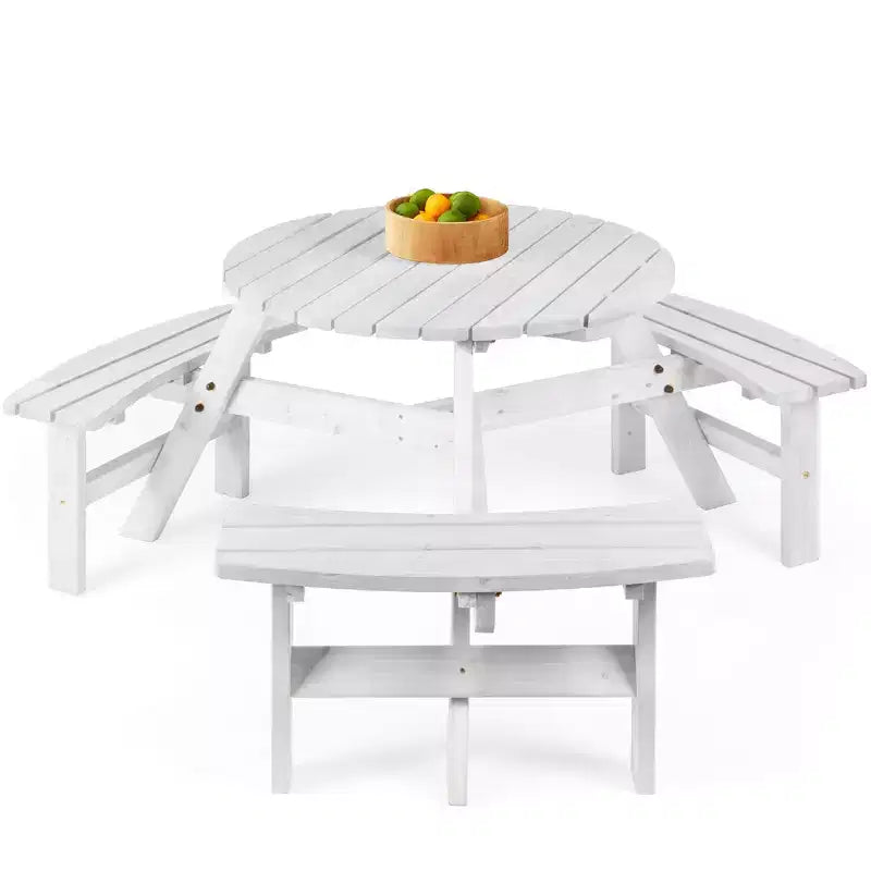 Tavolo da picnic circolare da esterno in legno a 6 posti Best Choice Products con 3 panche integrate, foro per ombrellone