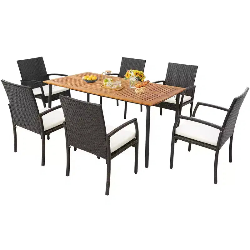 Costway Tavolo da Pranzo Rettangolare in Legno di Acacia con Foro per Ombrellone da 4,8 cm per Interno ed Esterno