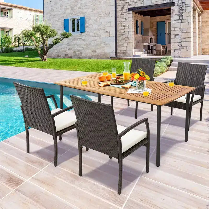 Costway Tavolo da Pranzo Rettangolare in Legno di Acacia con Foro per Ombrellone da 4,8 cm per Interno ed Esterno