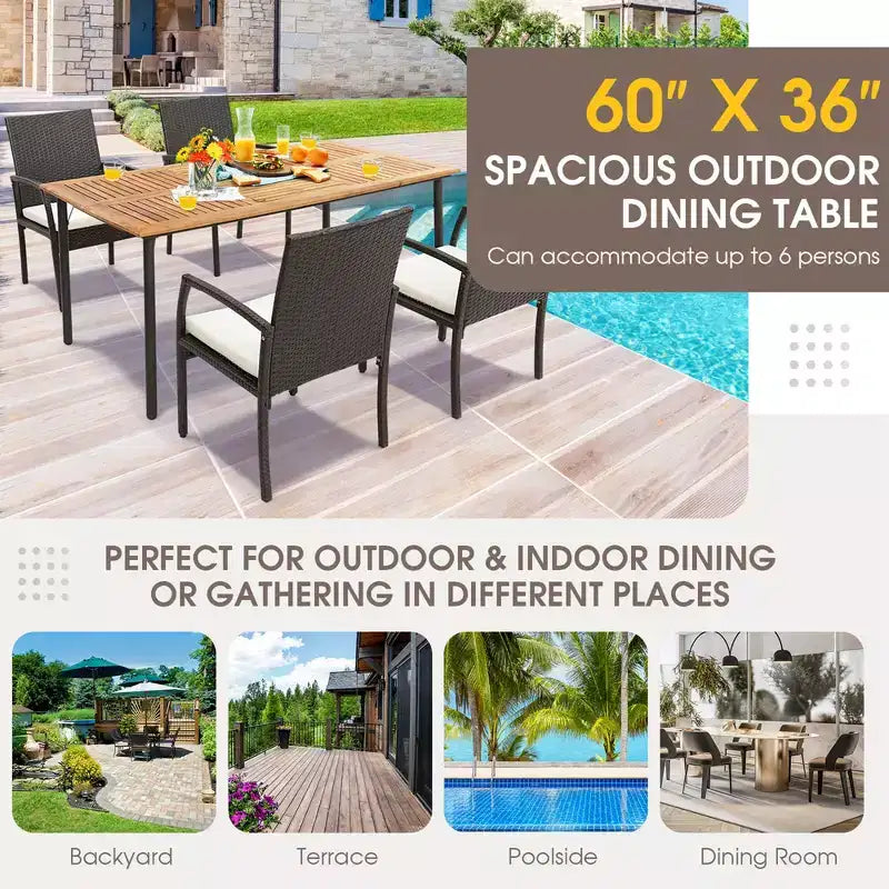 Costway Tavolo da Pranzo Rettangolare in Legno di Acacia con Foro per Ombrellone da 4,8 cm per Interno ed Esterno