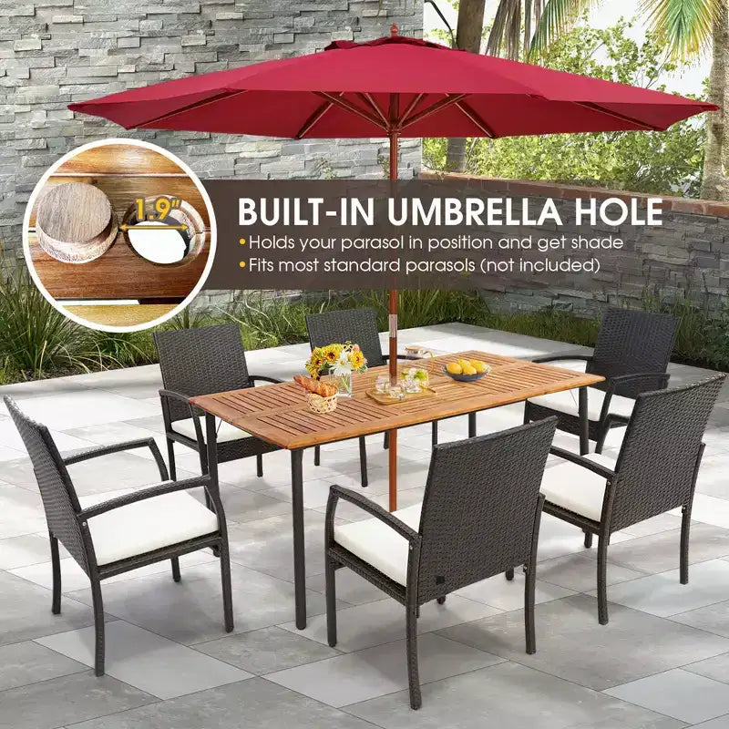 Costway Tavolo da Pranzo Rettangolare in Legno di Acacia con Foro per Ombrellone da 4,8 cm per Interno ed Esterno
