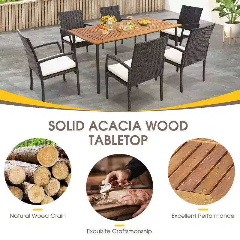 Costway Tavolo da Pranzo Rettangolare in Legno di Acacia con Foro per Ombrellone da 4,8 cm per Interno ed Esterno