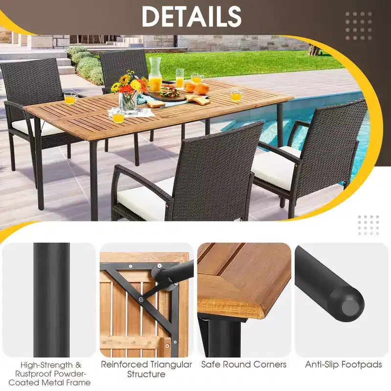 Costway Tavolo da Pranzo Rettangolare in Legno di Acacia con Foro per Ombrellone da 4,8 cm per Interno ed Esterno