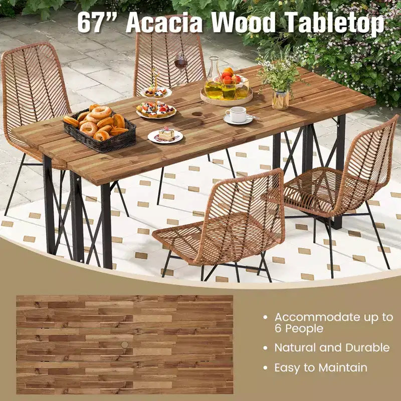 Costway Tavolo Rettangolare da Esterno da 170 cm, Tavolo da Pranzo in Legno di Acacia Resistente con Foro per Ombrellone