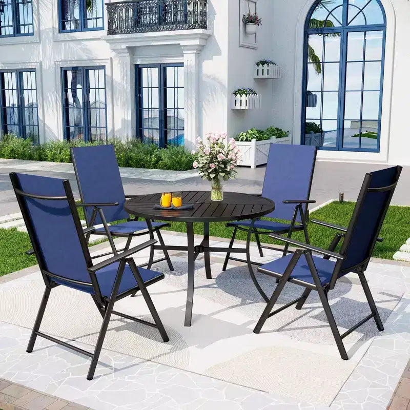 Captiva Designs Set da pranzo da esterno 5 pezzi con sedie pieghevoli regolabili in 7 posizioni e tavolo rotondo in metallo con foro per ombrellone