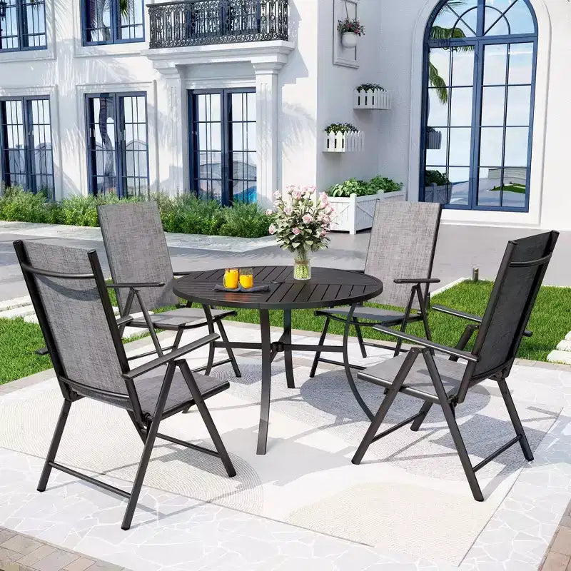Captiva Designs Set da pranzo da esterno 5 pezzi con sedie pieghevoli regolabili in 7 posizioni e tavolo rotondo in metallo con foro per ombrellone