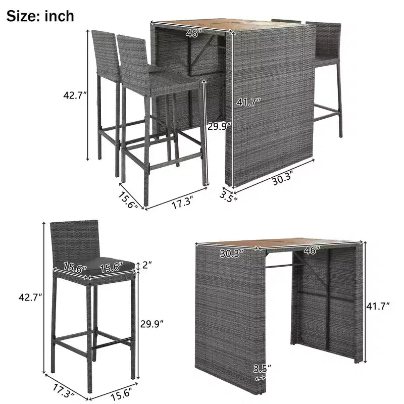 Set Bar da Esterno 5 Pezzi in Legno di Acacia e Rattan con Sgabelli da Bar e Cuscini Rimovibili, Grigio - ModernLuxe