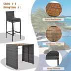 Set Bar da Esterno 5 Pezzi in Legno di Acacia e Rattan con Sgabelli da Bar e Cuscini Rimovibili, Grigio - ModernLuxe