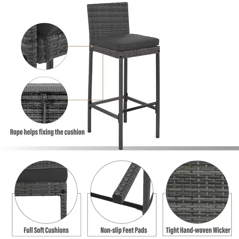 Set Bar da Esterno 5 Pezzi in Legno di Acacia e Rattan con Sgabelli da Bar e Cuscini Rimovibili, Grigio - ModernLuxe