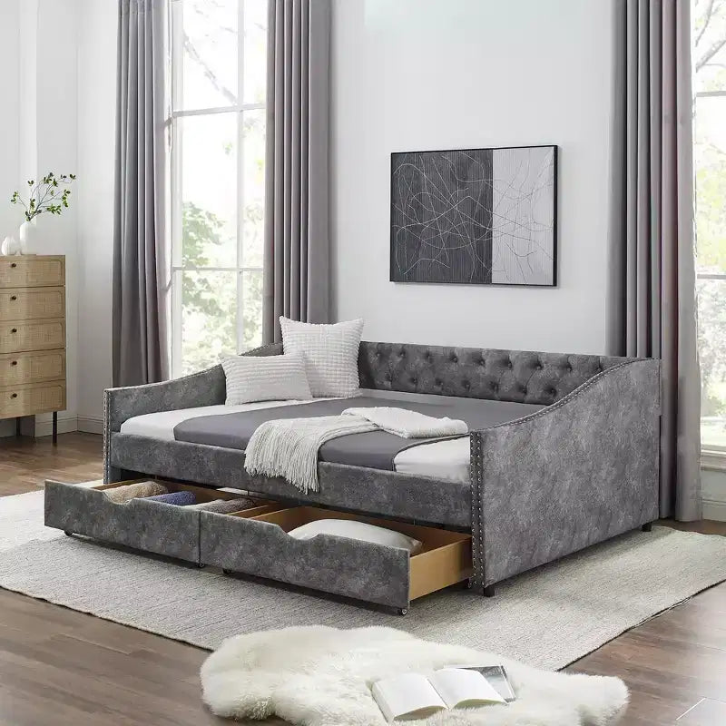Divano Letto Imbottito Matrimoniale con Bottoni, Cassetti e Bracciolo a Onda, Grigio - ModernLuxe
