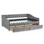 Divano Letto Imbottito Matrimoniale con Bottoni, Cassetti e Bracciolo a Onda, Grigio - ModernLuxe